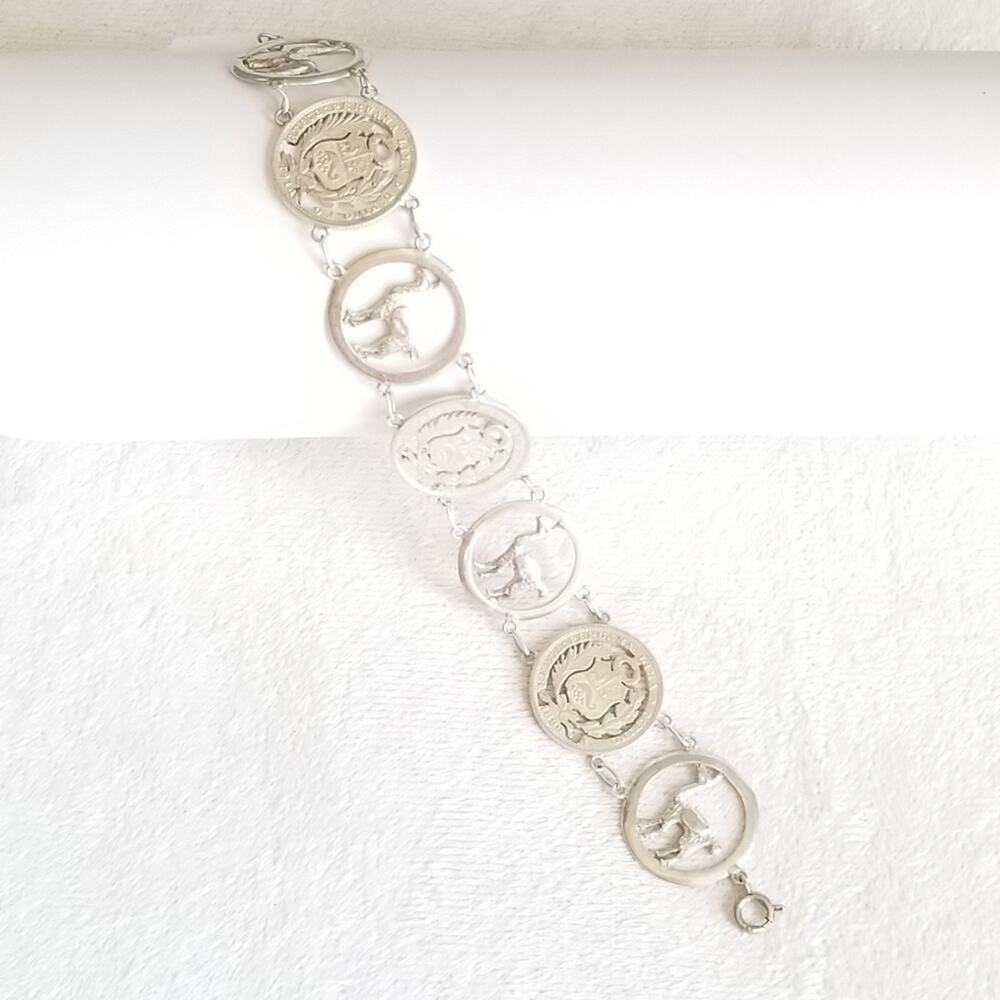Antq 900 Silver Coin Bracelet Peruvian Cut Out Lama Alpaca Coins